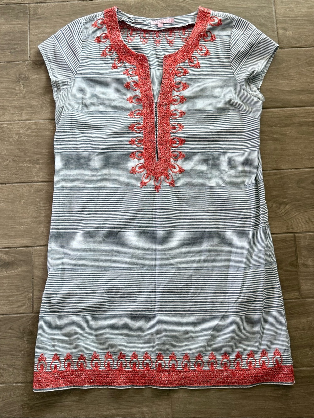 Calypso St. Barth Rowena Tunic Dress Coral Embroidery Vacation Boho Tropical